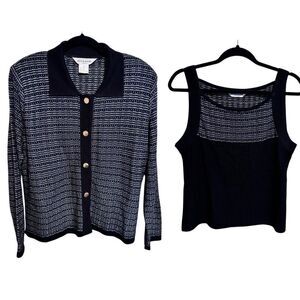 MISOOK- 2 Piece Matching Tank Sweater Set Black Blue Metallic, Size L Petite